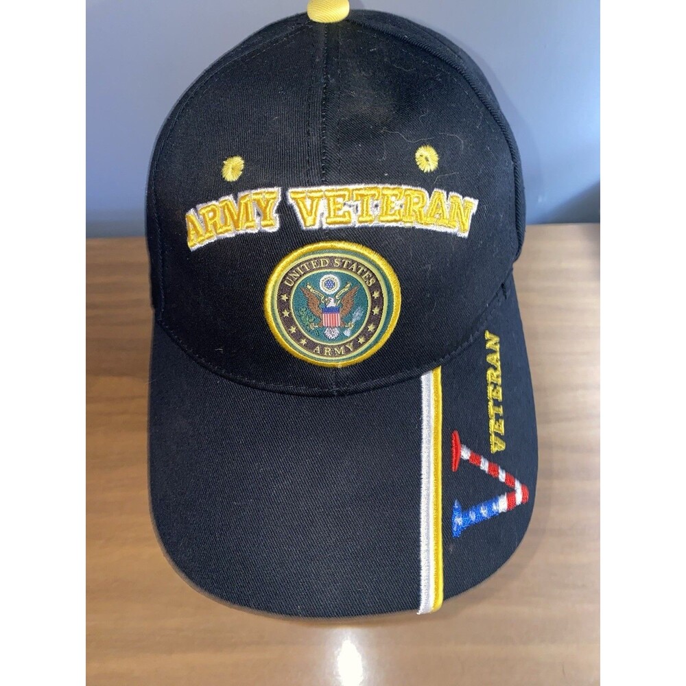 US Army Veteran Hat Cap Black Adjustable Strap‎ Baseball Cap Embroidered